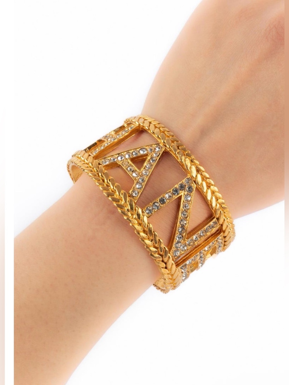 CHANEL spellout Vintage 1980s 24kgp Crystal Logo Cuff Bracelet